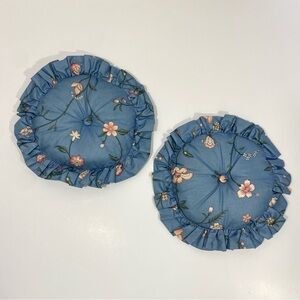 Vintage 80’s Floral Blue Ruffled Round Cushions Accent Throw Pillows